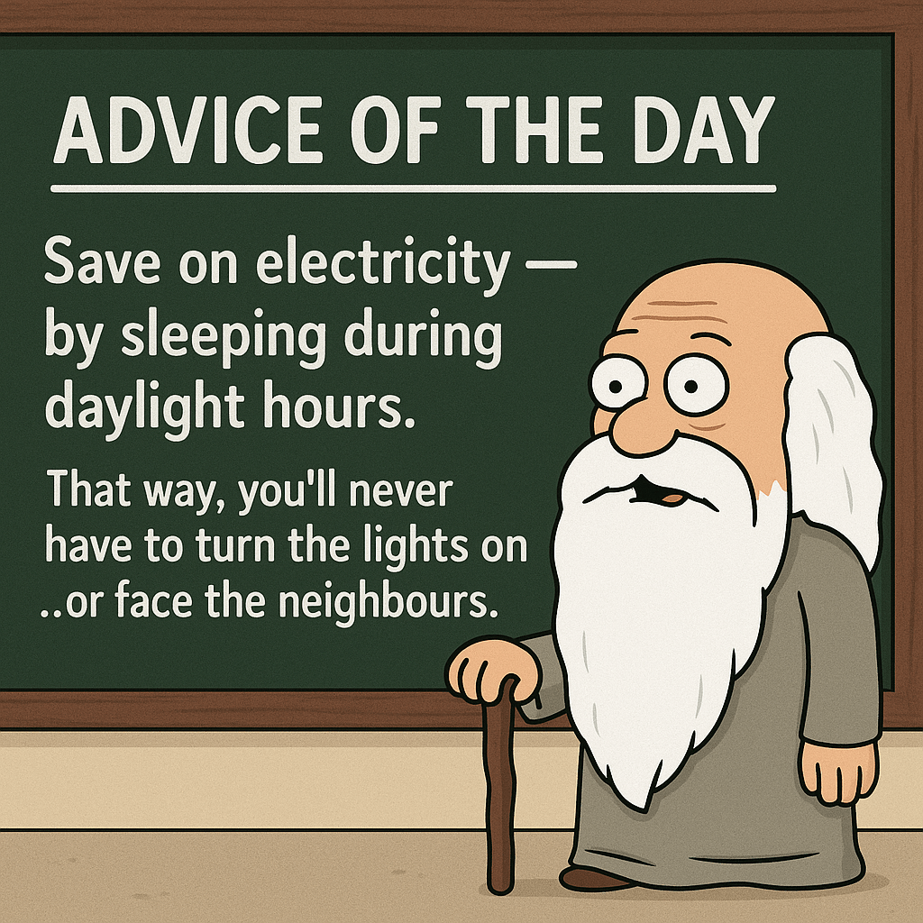 The Wise Sage Gives His Advice of the Day: “Save on electricity — by sleeping during daylight hours!”